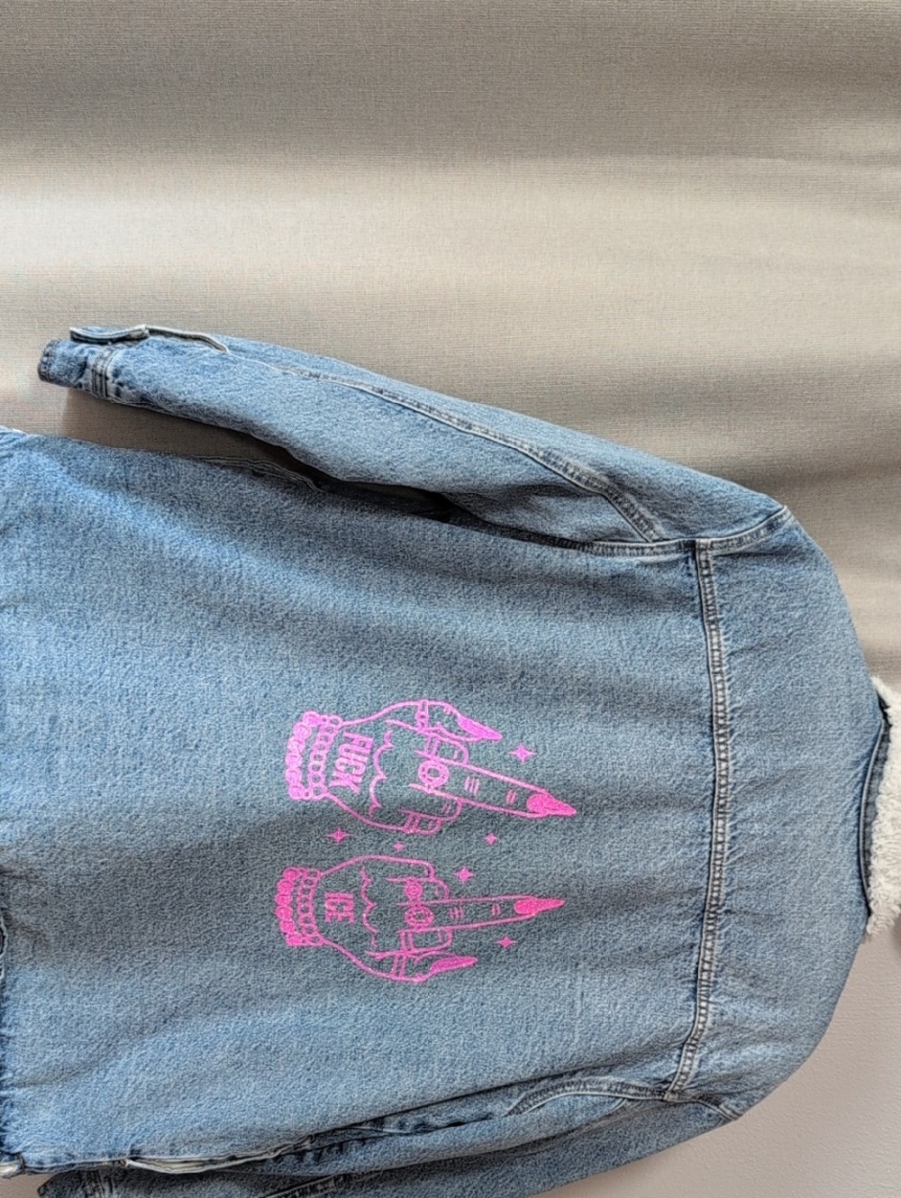Old Navy Light Blue Denim Jacket with Hot Pink Graphic